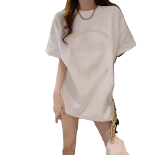 重工镶钻纯棉短袖T恤女中长款夏季新款宽松大码下衣失踪半袖上衣