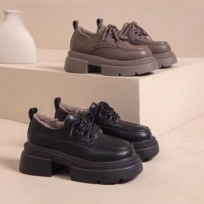 英伦风厚底系带小皮鞋女2025冬季新款复古百搭加绒厚底增高乐福鞋