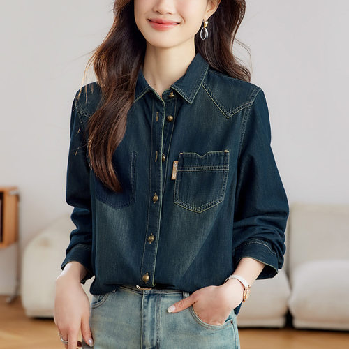 厂家直销深蓝色牛仔衬衫女2026春秋装复古做旧正肩上衣港风衬衣