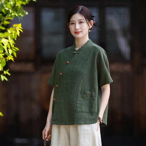 26夏季新款复古斜襟盘扣棉麻上衣女新中式国风禅意茶服短袖衬衫