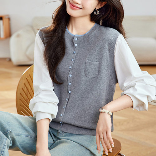 棉茧 假两件针织衫女长袖2026春夏薄款上衣拼接设计感开衫毛衣