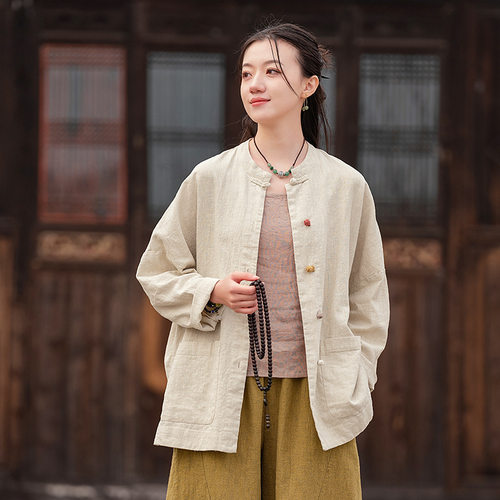 26秋原创国风苎麻拼色盘扣立领开衫上衣女式中式禅修打坐棉麻外套
