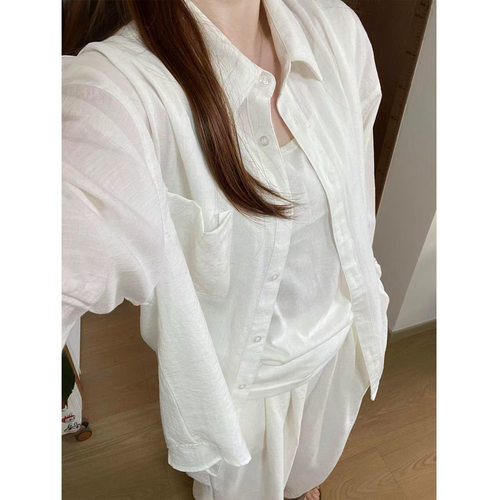 白色亚麻衬衫女夏薄款淡人高智感外套宽松慵懒老钱风棉麻长袖衬衣