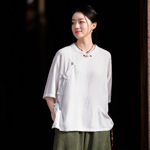 26夏棉麻女装新款复古中式立领薄款斜襟盘扣上衣茶服女式亚麻衬衫