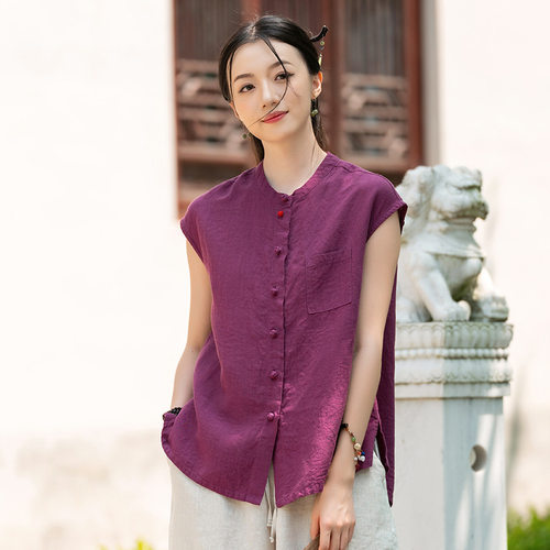 默念依旧原创棉麻复古禅意盘扣上衣女式立领背心无袖衬衣小衫夏款