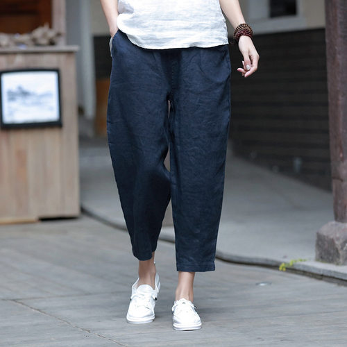 2026夏季新品棉麻文艺休闲九分裤女亚麻宽松哈伦裤松紧腰萝卜裤