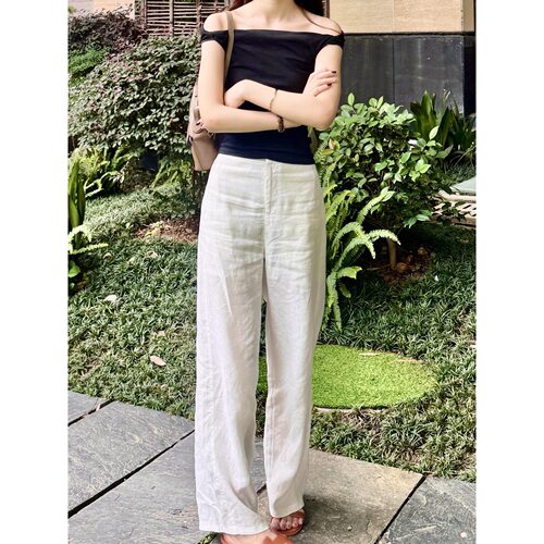 老钱风白色亚麻休闲裤女夏季小个子高级感高腰显瘦法式松弛感长裤