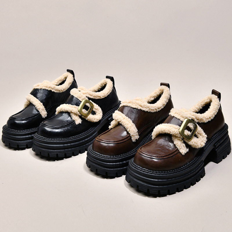 小个子厚底增高加绒保暖乐福鞋2025秋冬新款魔术贴一脚蹬棉鞋皮鞋