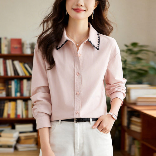 粉色衬衫女长袖2026春装新款刺绣上衣女式休闲纯棉翻领蓝色衬衣
