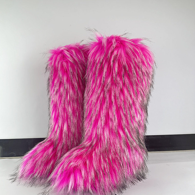 毛毛靴子长筒高筒冬天仿狐狸毛雪地靴男女士冬季大码皮草过膝靴子