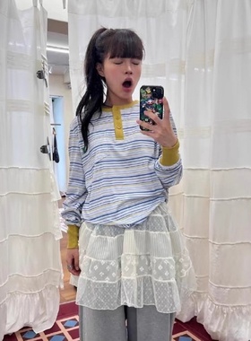 nocontent现货25新款韩国东大门宽松休闲亨利扣拼色条纹长袖T恤女