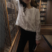 Dearest现H25夏款 韩国东大门白色气质复古蕾丝拼接镂空系扣衬衫 女