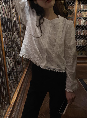 Dearest现H25夏款韩国东大门白色气质复古蕾丝拼接镂空系扣衬衫女