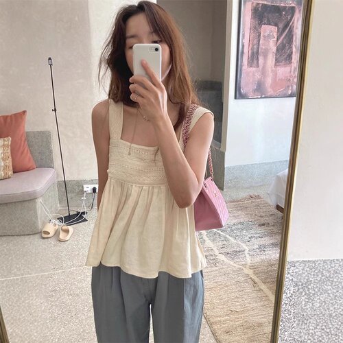 2025夏款韩系方领刺绣吊带背心女