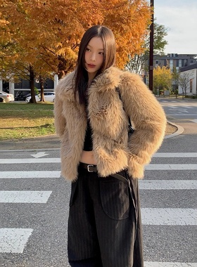 ordes现H25秋冬款韩国东大门纯色气质宽松保暖毛毛翻领仿皮草外套