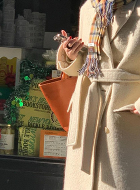 LEROBE现货24冬款韩国东大门纯色复古双排扣腰带长款毛呢外套大衣