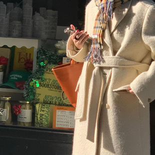 LEROBE现货25冬款韩国东大门纯色复古双排扣腰带长款毛呢外套大衣