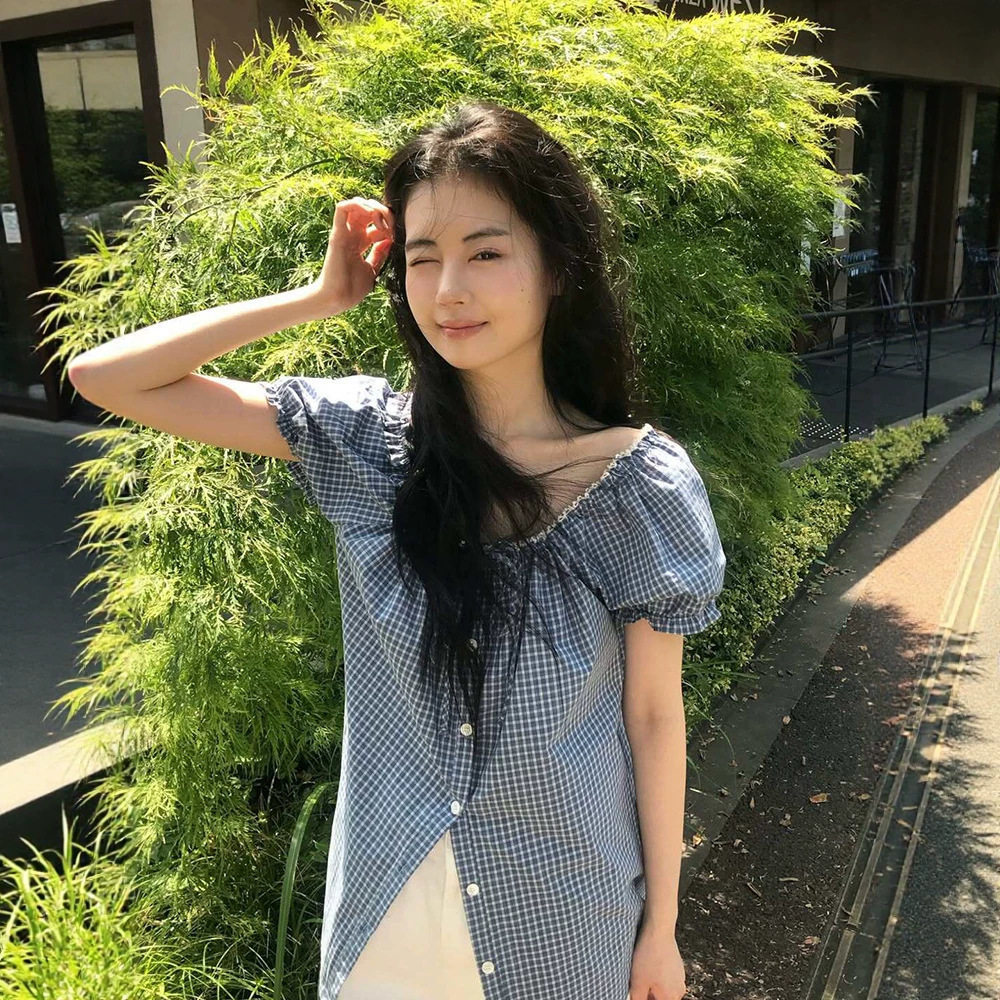 26夏款acrchivejtou方领蕾丝花边系带抽褶格纹衬衫泡泡袖宽松上衣