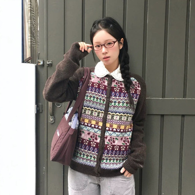 费尔岛羊毛针织开衫围巾两件套女