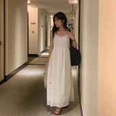 vergamot现H25夏款 韩国东大门法式 浪漫纯色格纹V领露背吊带连衣裙