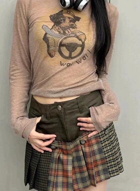 open Yy现H26款国东大门修身显瘦小狗印花圆领薄款微透长袖T恤
