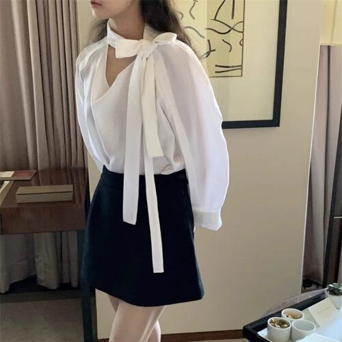 韩国riette蝴蝶结领纯色百搭衬衫