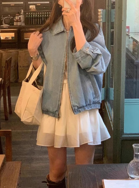 OBJET现H25春款韩国东大门宽松显瘦休闲百搭蓝色翻领水洗牛仔外套