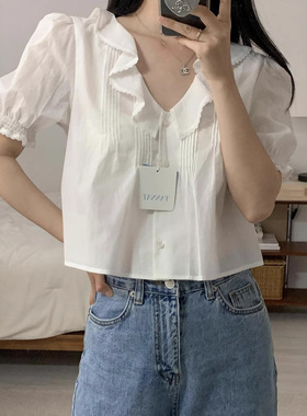 tannat现H25夏款韩国东大门休闲百搭纯棉荷叶边V领白色短袖衬衫女