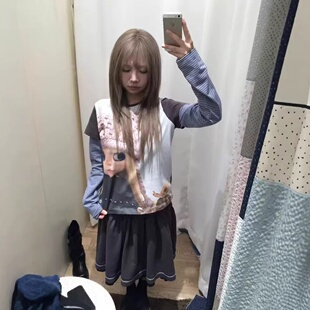 coyseio现货26春款韩国东大门宽松日系娃娃印花条纹假两件长袖T恤