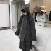 hugyourskin现H25秋冬款 韩国东大门日系双排扣连帽羊毛毛呢大衣女