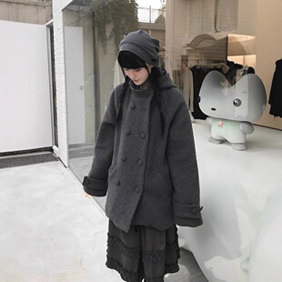hugyourskin现H25秋冬款韩国东大门日系双排扣连帽羊毛毛呢大衣女