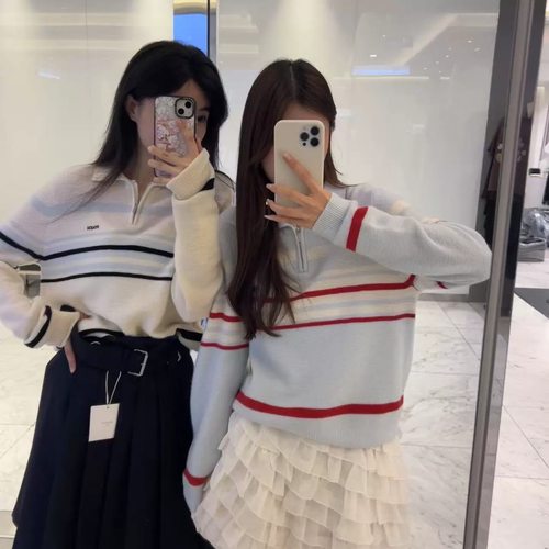 pouch家百搭条纹纯羊毛针织衫女
