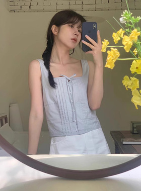 vergamot现货25夏款韩国东大门纯色显瘦蝴蝶结无袖上衣打褶背心女