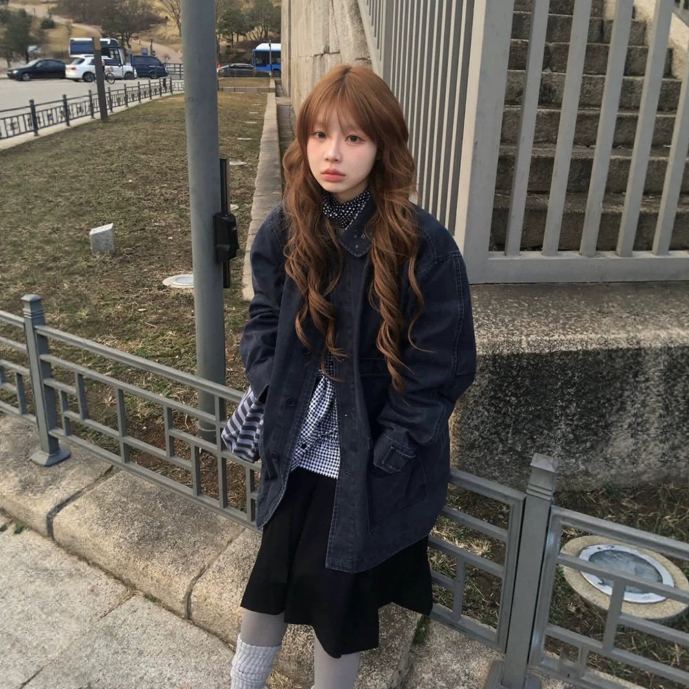 日系复古水洗翻领工装夹克外套女图片