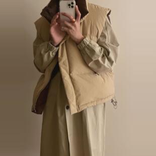 maybebaby现H2025春款韩国东大门保暖宽松双面穿白鸭绒羽绒马甲女