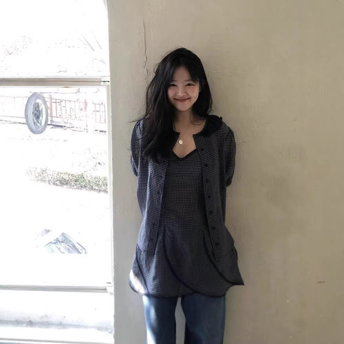 韩系夏款蕾丝格纹衬衫吊带裙套装