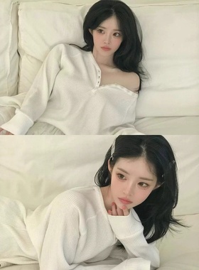 THE TIS现25秋款韩国东大门显瘦修身华夫格肌理感纯色纽扣长袖T恤