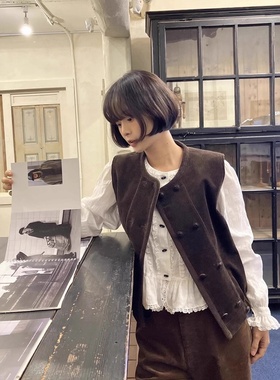 viaplain现25款韩国东大门宽松复古显瘦棕色灯芯绒双排扣短款马夹