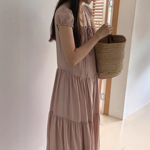 maybebaby现H26款韩国东大门宽松显瘦粉色拼接抽绳连衣裙长裙女