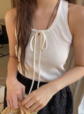 maybe baby现H25夏款韩国东大门纯色百搭U领系带镂空打底内搭背心