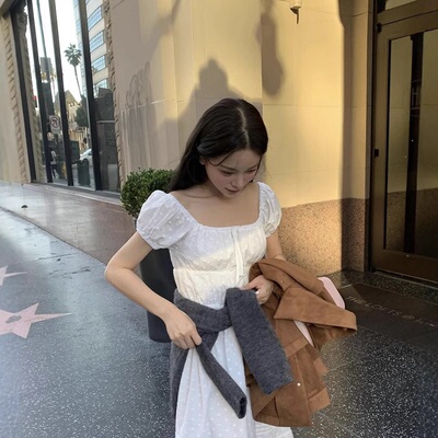 白色蝴蝶结蕾丝夏季高腰纯棉长裙