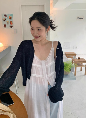 beginning现H25夏韩国东大门白色休闲百搭蕾丝边单排扣吊带连衣裙