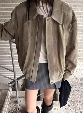 normal现25秋款韩国东大门复古纯色宽松休闲拉链翻领麂皮皮衣夹克