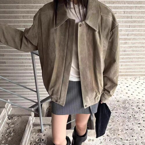 normal复古纯色宽松休闲麂皮夹克
