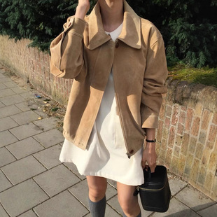 OVERTAKR现货2025春款韩国东大门休闲百搭复古短款麂皮夹克外套女