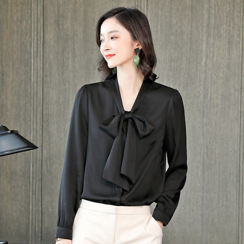 蝴蝶结衬衣女长袖春秋白色上衣高端职业装气质初秋飘带雪纺白衬衫