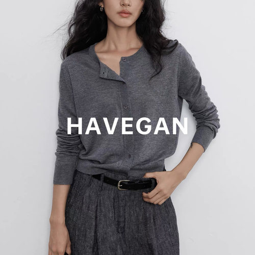 与间HAVEGAN/春季圆领长袖针织开衫女薄款外穿宽松慵懒老钱风上衣