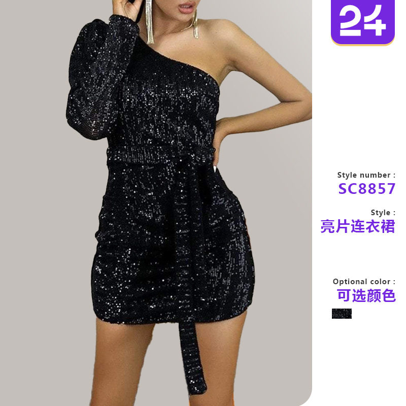 2026春夏新款跨境欧美女装wish连衣裙绑带单肩露肩亮片修身晚礼服