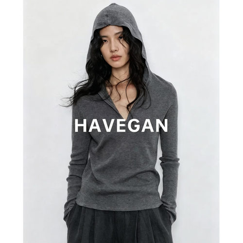 与间HAVEGAN/春季连帽羊毛长袖针织衫女打底纯色慵懒弹力休闲上衣