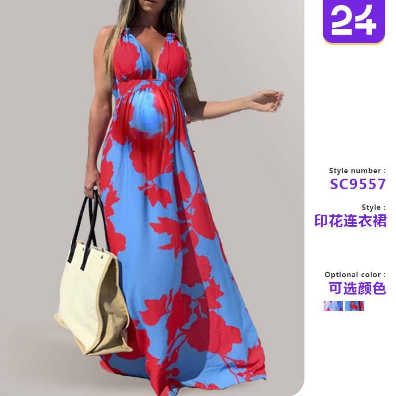 2026跨境夏季新 欧美女装波西米亚连衣裙印花V领吊带无袖孕妇长裙